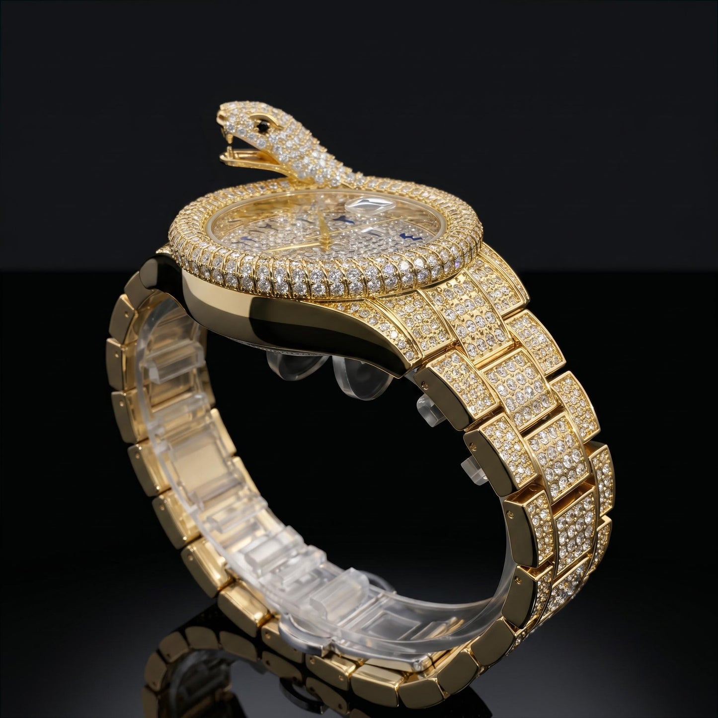 Iced Out Snake Dail Men's Watch in Gold