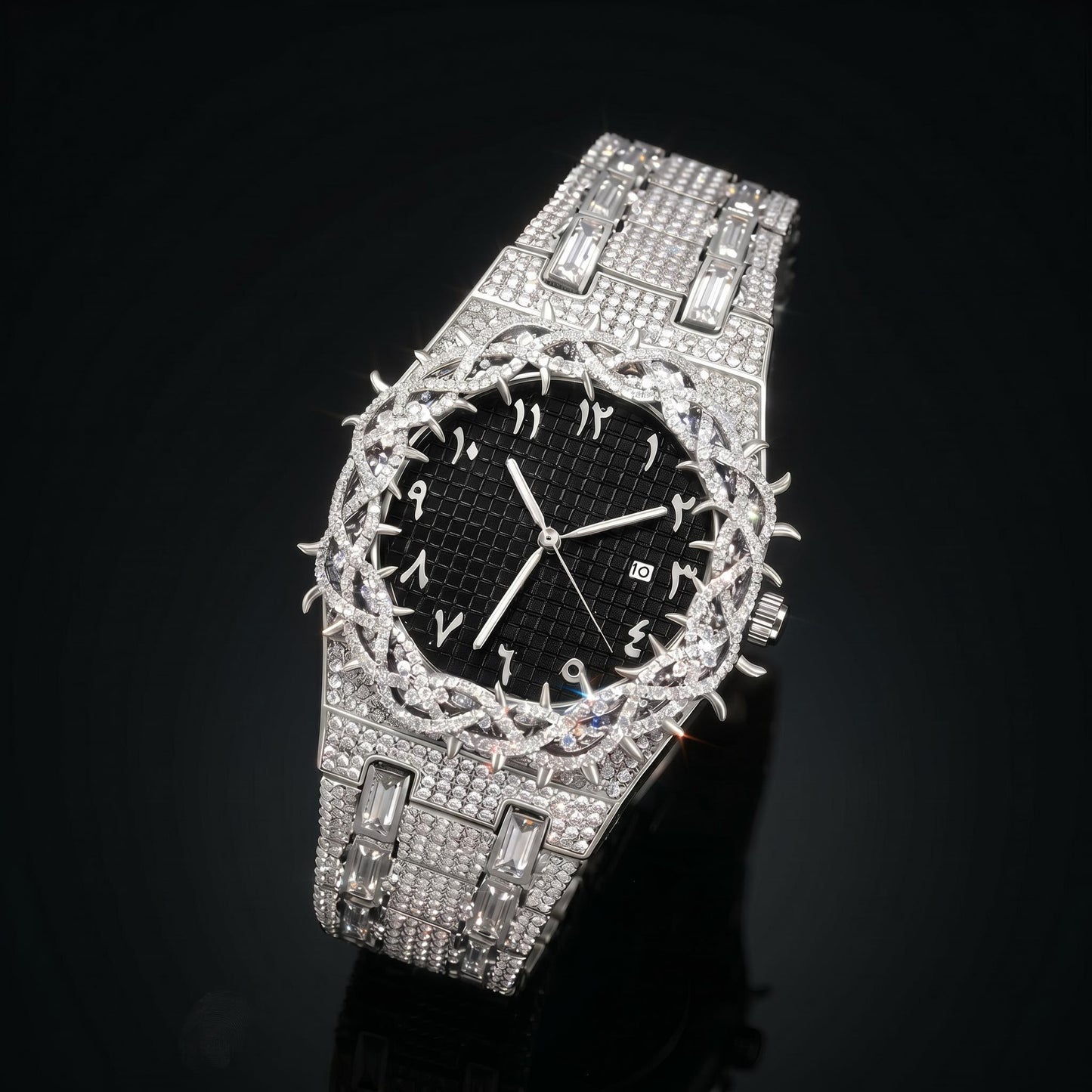 Iced Thorn Bezel Black Dial Watch in White Gold