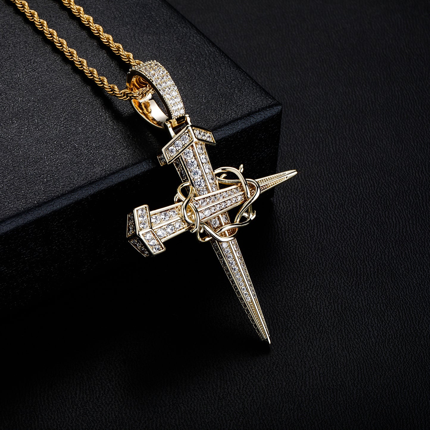 Iced Out Crown Of Thorns Nail Cross Pendant