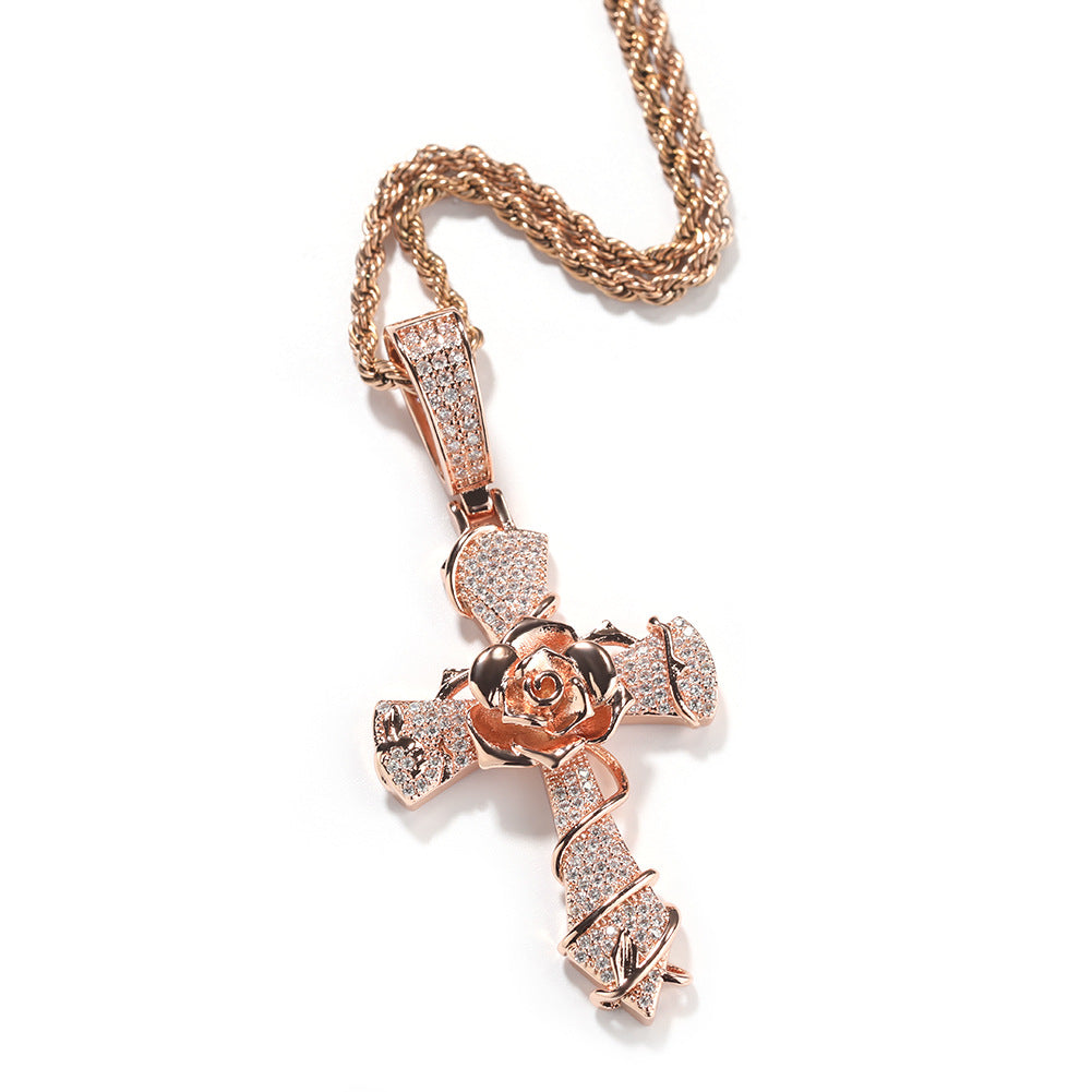 Iced Thorns Rose Cross Pendant