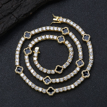 4mm Iced Out Black Four Leaf Clover Tennis Chain and Bracelet Set
