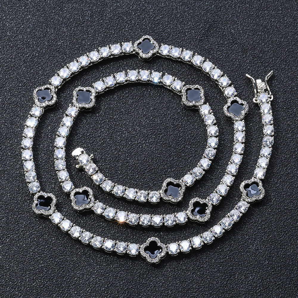 4mm Iced Out Black Four Leaf Clover Tennis Chain and Bracelet Set