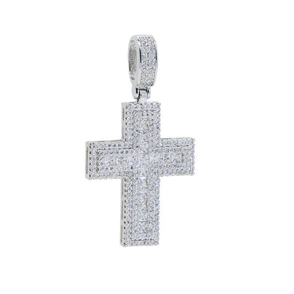 Iced Out Baguette & Round Cut Cross Pendant