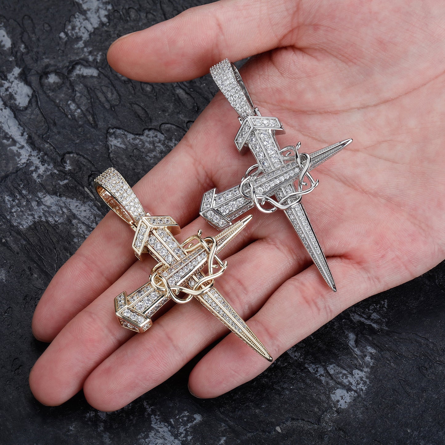 Iced Out Crown Of Thorns Nail Cross Pendant