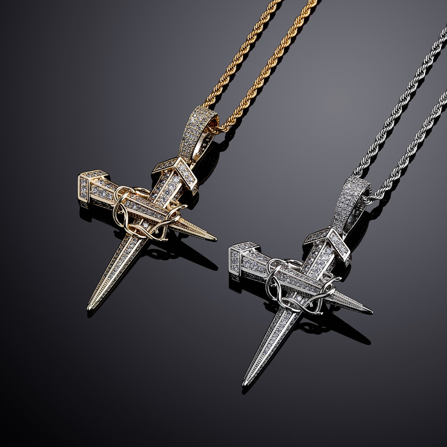 Iced Out Crown Of Thorns Nail Cross Pendant