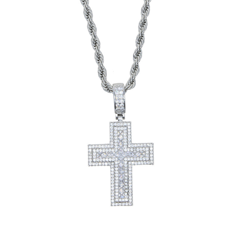 Iced Out Baguette & Round Cut Cross Pendant