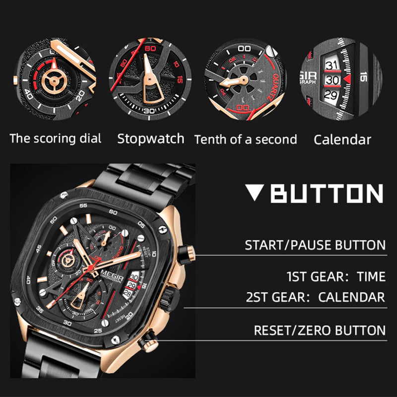 Multifunctional Waterproof Luminous Square Quartz Watch