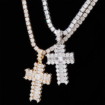 Baguette and Round Diamond Cross Pendant
