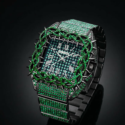 Iced Out Green Thorn Square Bezel Quartz Watch in Black Gold