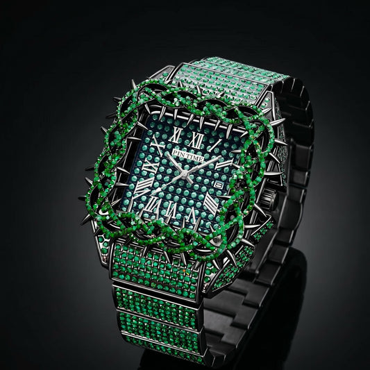 Iced Out Green Thorn Square Bezel Quartz Watch in Black Gold