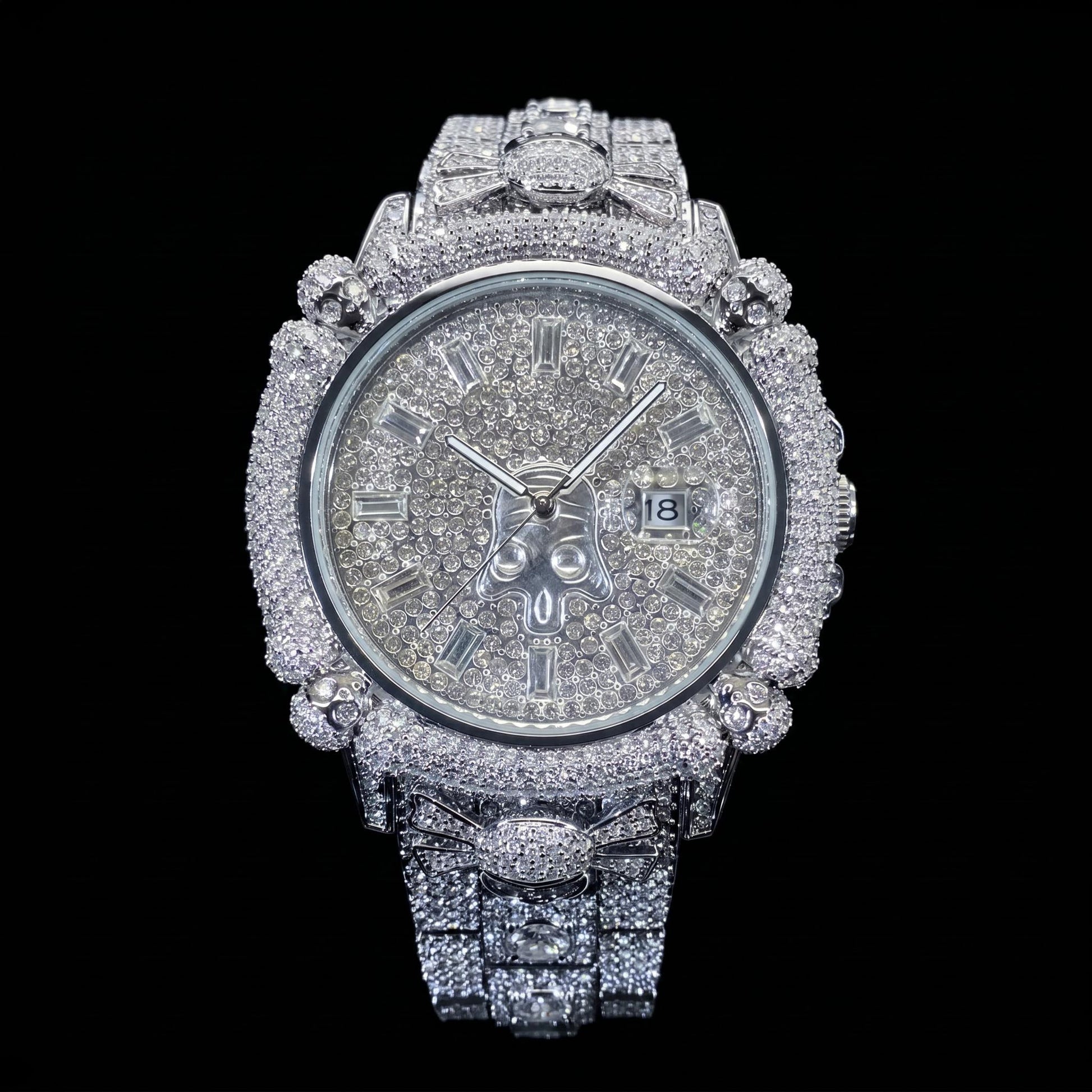 Iced Out Skull Dail Men's Watch in White Gold