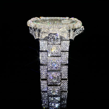 Iced Out Skull Dail Men's Watch in White Gold