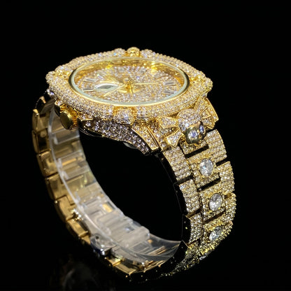 Iced Out Skull Dail Men's Watch in Gold
