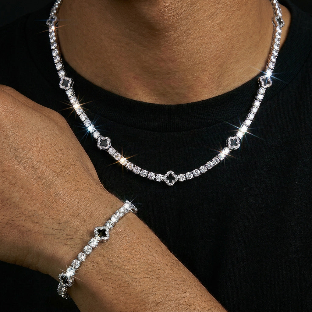 Iced Out Black Four Leaf Clover Tennis Chain and Bracelet Set