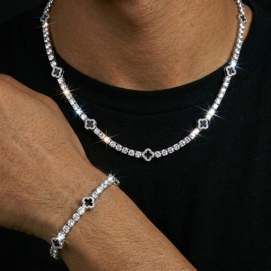 Iced Out Black Four Leaf Clover Tennis Chain and Bracelet Set