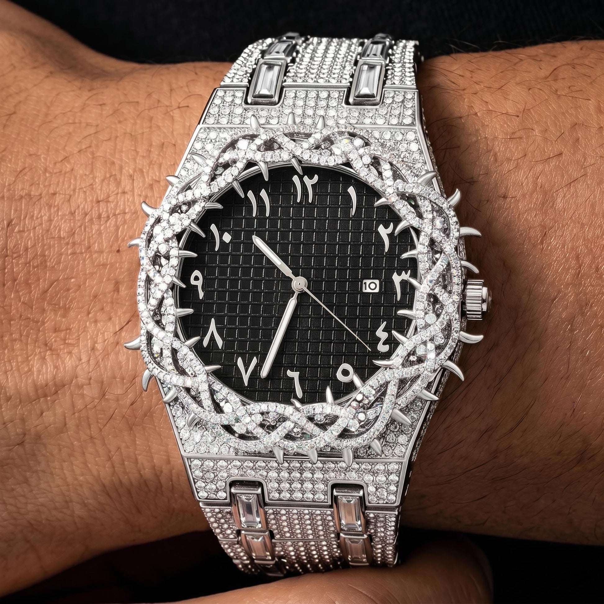 Iced Thorn Bezel Black Dial Watch in White Gold