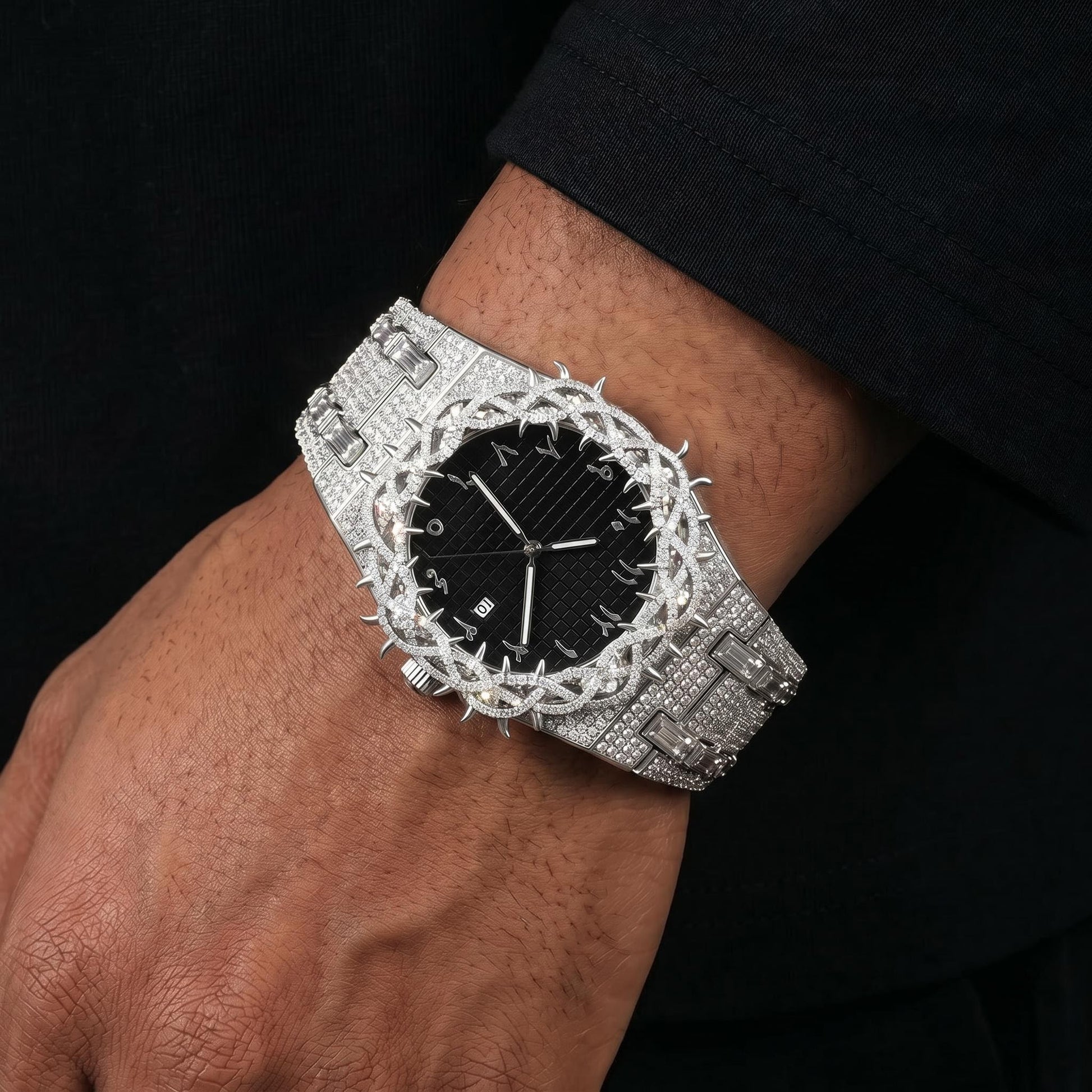 Iced Thorn Bezel Black Dial Watch in White Gold