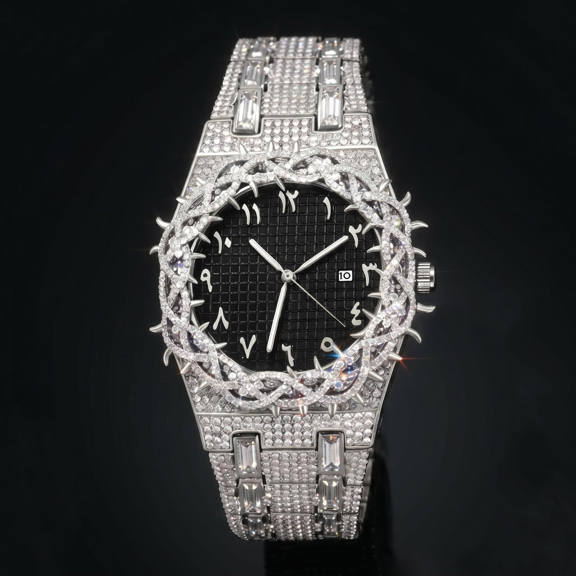 Iced Thorn Bezel Black Dial Watch in White Gold