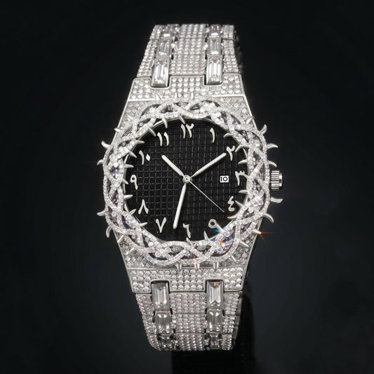 Iced Thorn Bezel Black Dial Watch in White Gold