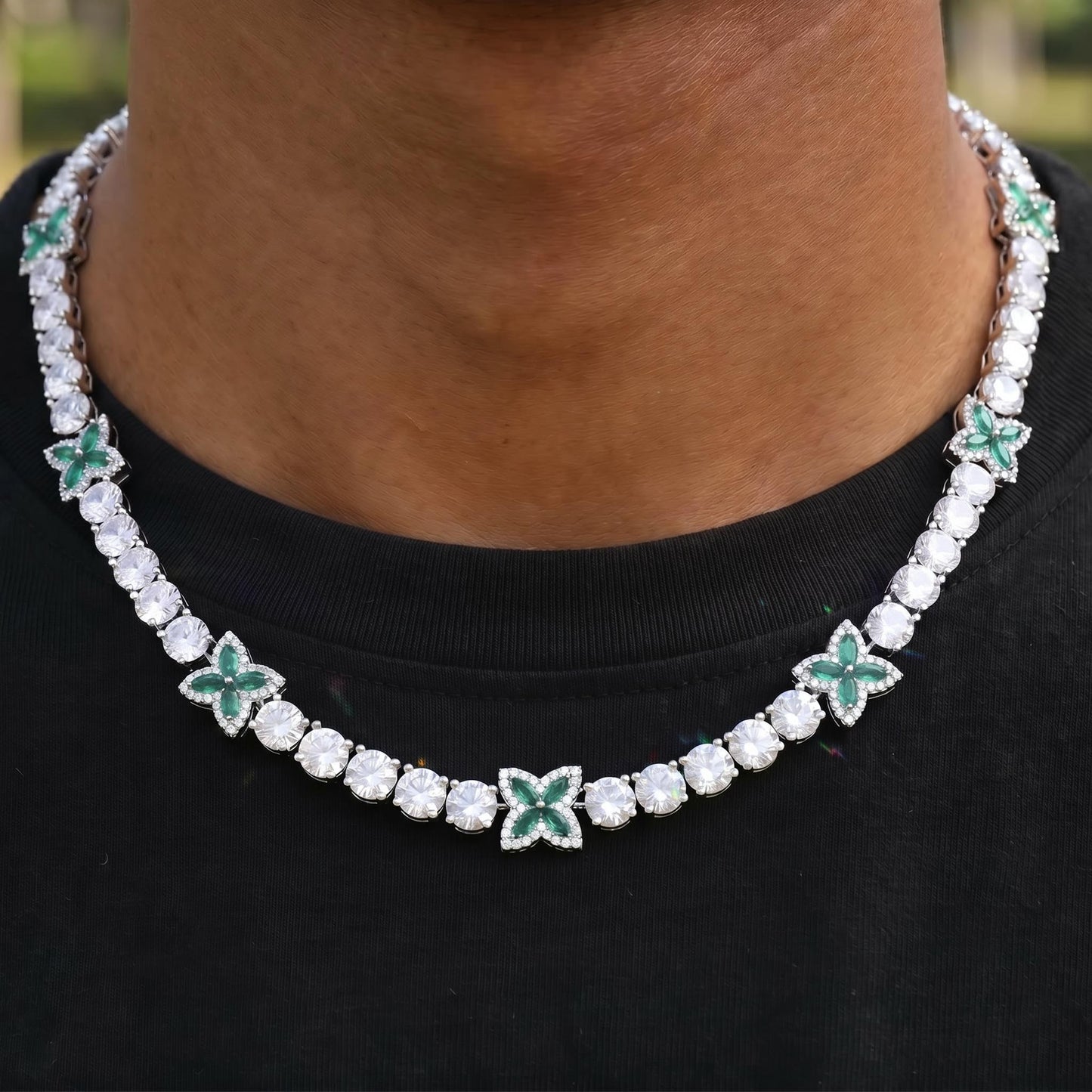 Iced Out Green Four Leaf Clover Tennis Chain and Bracelet Set