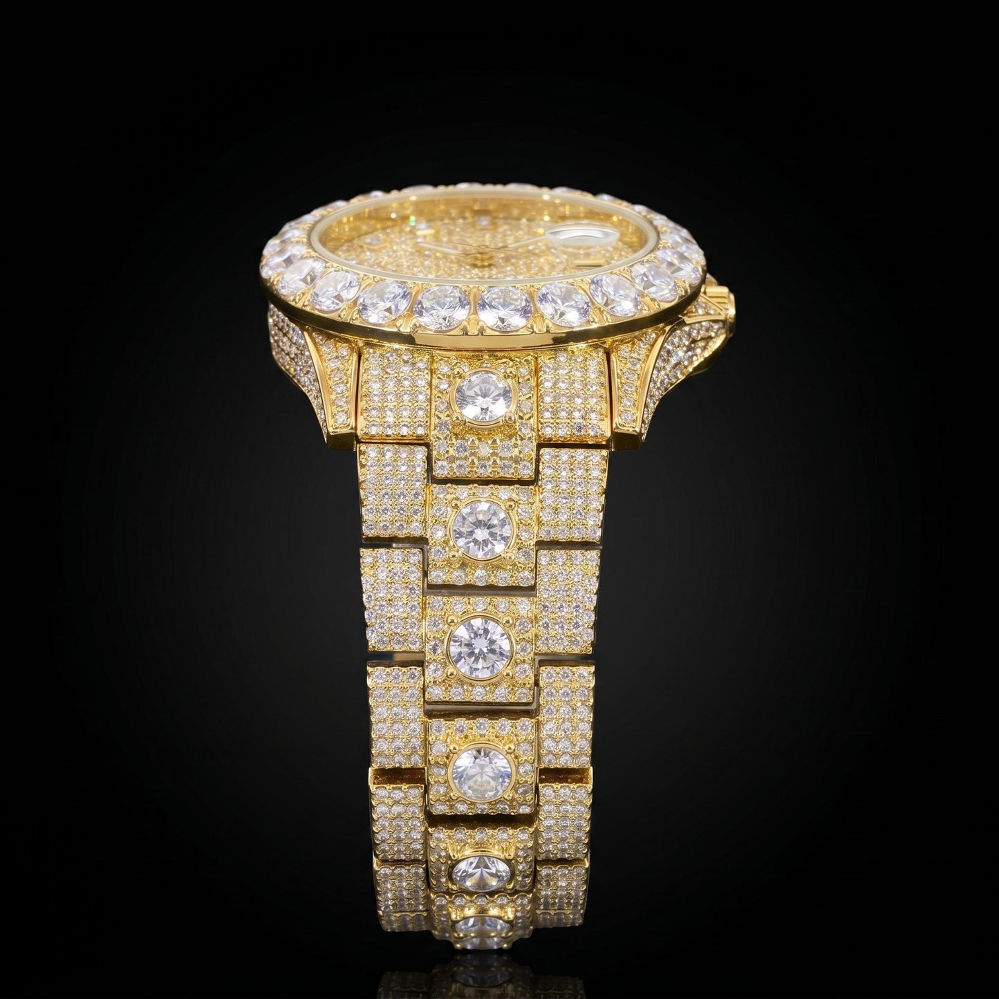 Iced Out Round Cut Date Men's Watch in Gold