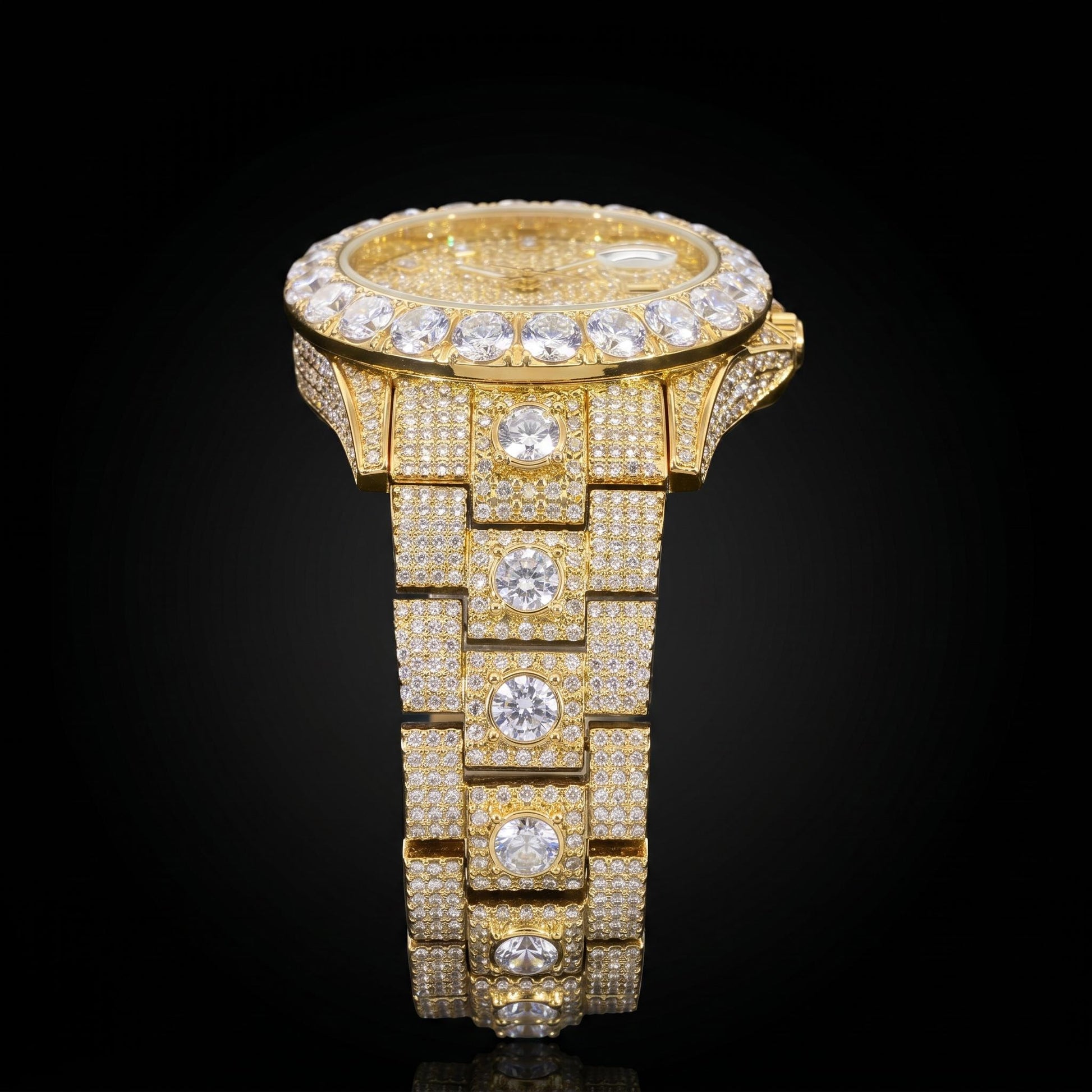 Iced Out Round Cut Date Men's Watch in Gold