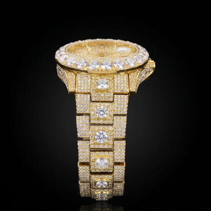 Iced Out Round Cut Date Men's Watch in Gold