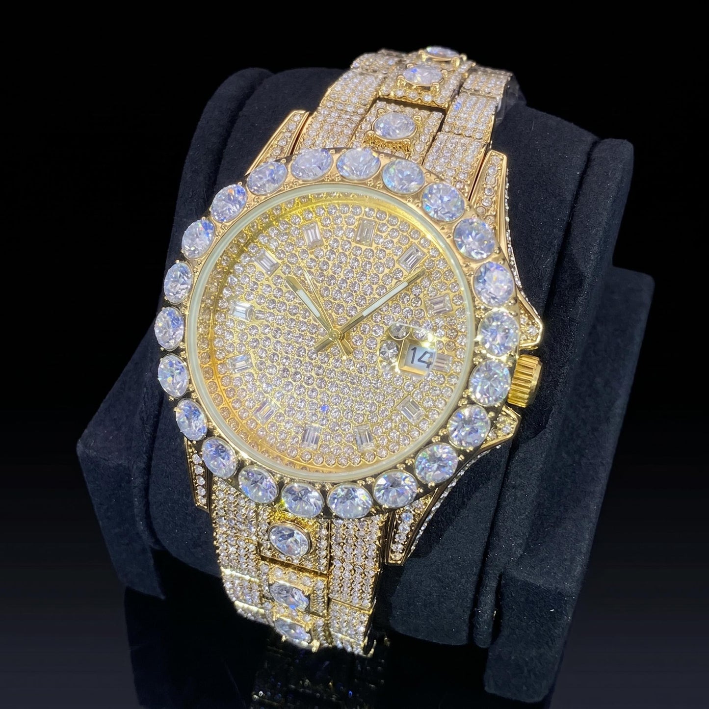Iced Out Round Cut Date Men's Watch in Gold