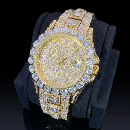 Iced Out Round Cut Date Men's Watch in Gold