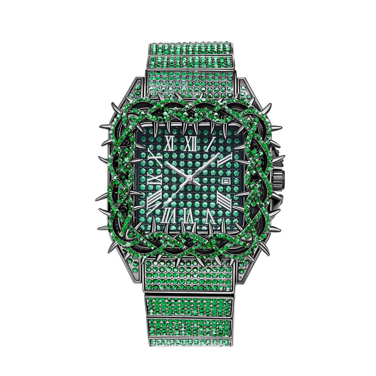 Iced Out Thorn Square Bezel Quartz Men's Watch in White Gold