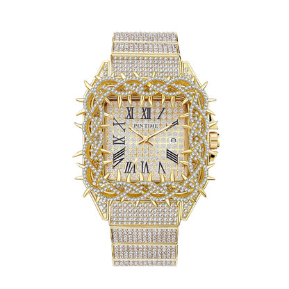 Iced Out Thorn Square Bezel Quartz Men's Watch in White Gold