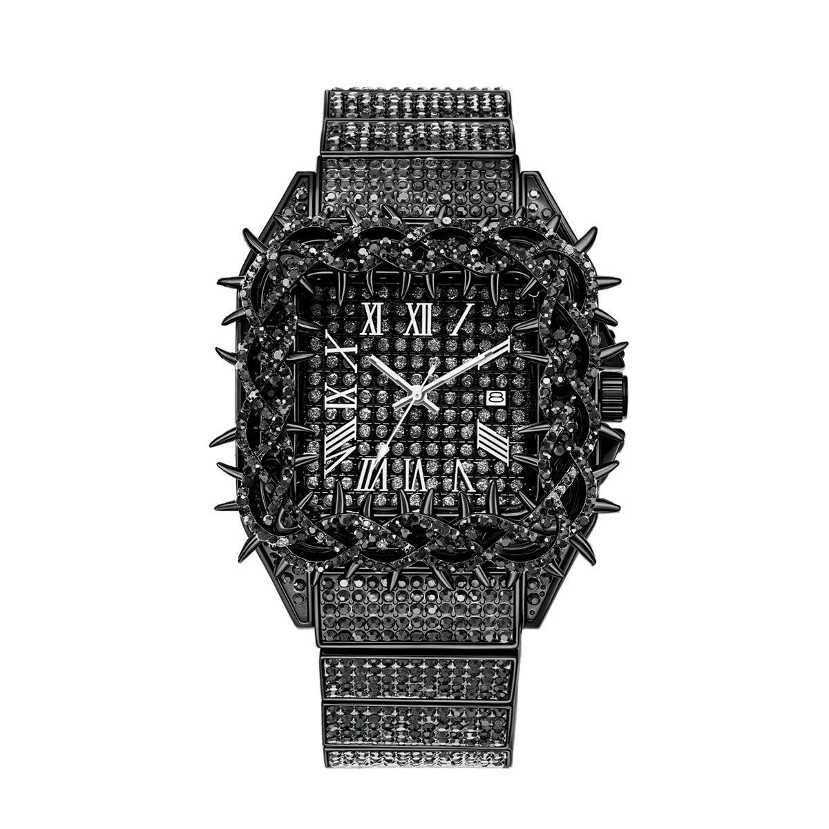 Iced Out Thorn Square Bezel Quartz Men's Watch in White Gold